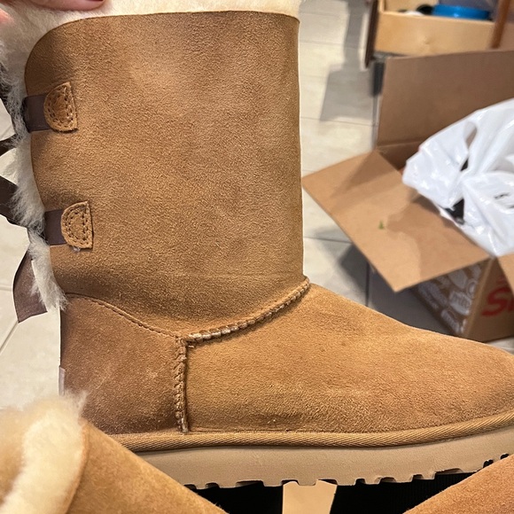 UGG Tan Shearling Boots with Brown Ribbon - Picture 4 of 6